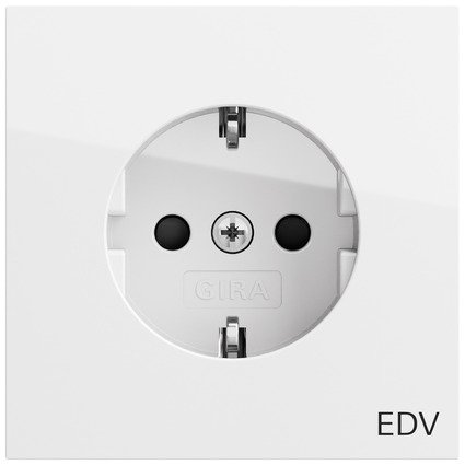 Gira SCHUKO socket outlet 16 A 250 V~ with imprint "EDV" and increased contact protection (Safety Plus) pure white glossy — 446170