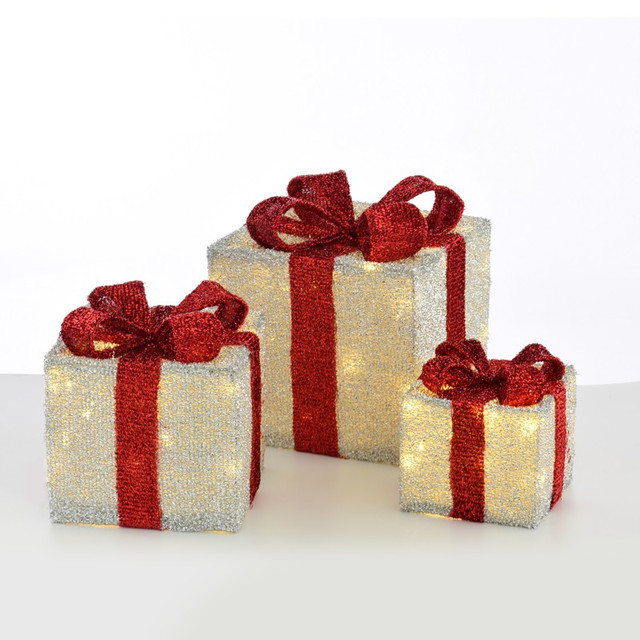 ACA Lighting SET "SILVER GIFT BOX, RED BOW" 75(15+25+35) WW LED BAT 3*3ΑΑ IP20 17,23,28.5CM — X11751113