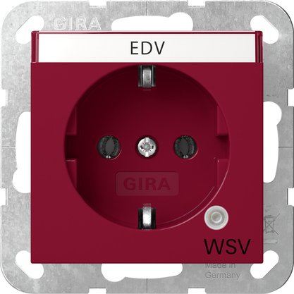 Gira SCHUKO socket outlet 16 A 250 V~ with green control light and inscription space red glossy with red cover and imprint "WSV" (other safety power supply) — 4452108