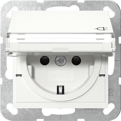 Gira SCHUKO socket outlet 16 A 250 V~ with hinged cover, inscription space and increased contact protection (Safety Plus) pure white glossy System 55 — 455703