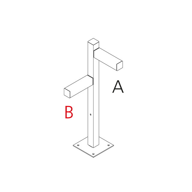 Technical diagram of Walking Palo outdoor post: square column on base plate with two perpendicular rectangular arms labeled A and B