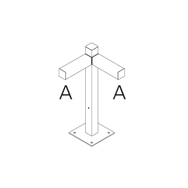 Technical isometric diagram of Walking Palo post: square vertical pole on base plate with two horizontal arms labeled A, for outdoor lighting installation