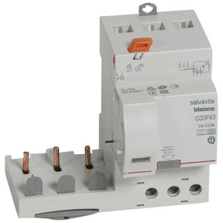 BTicino Earth leakage module 3P - type F - In= 63A - Idn= 30mA - Vn= 400Vac — G33F63