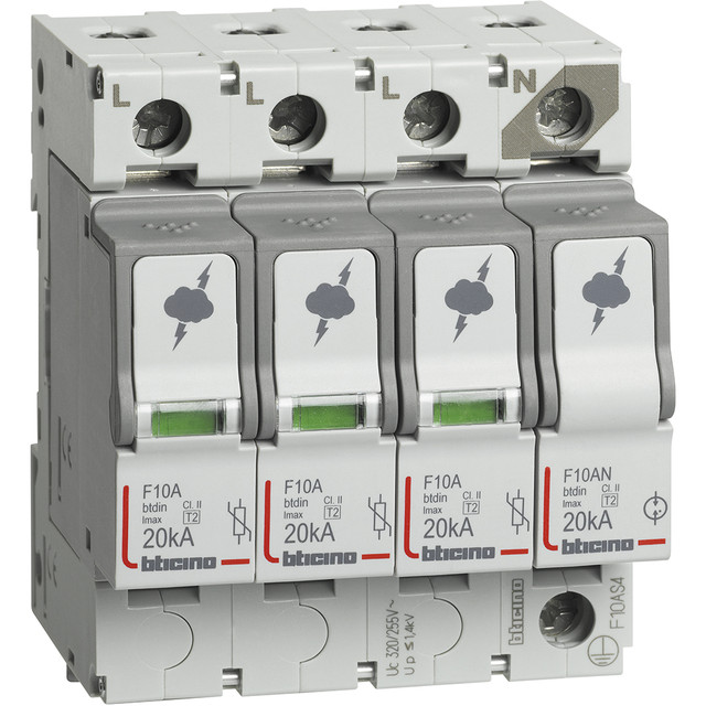 BTicino SPD - 3P+N - Type T2 - Imax=20kA - Up=1.2kV - Uc=320Vac - 4 modules — F10AS4