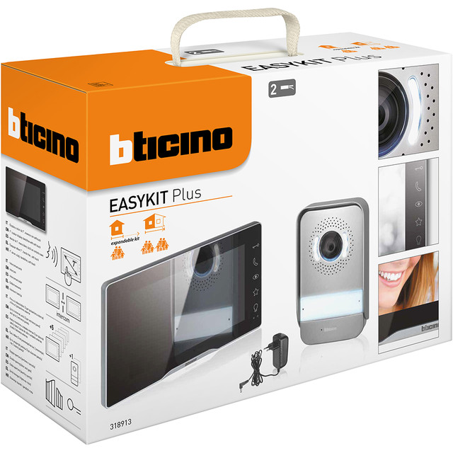 BTicino 7" Mirror Black finish EASYKIT Plus with plug-in power supply — 318913