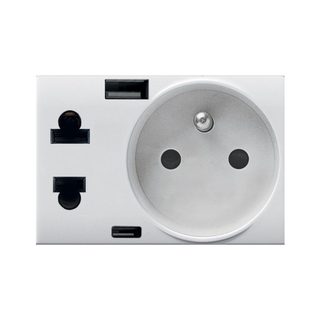 AVE EURO-AMERICAN + FRENCH + USB A + C SOCKET, DOMUS S44, WHITE COLOR, 2P+T 16A 250V – GLOSSY FINISH – 3 MOD. — 44103392USB