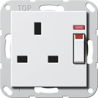 Gira British Standard socket outlet (BS 1363-2) 13 A 250 V~ switched, with control light and shutter pure white glossy System 55 — 278003
