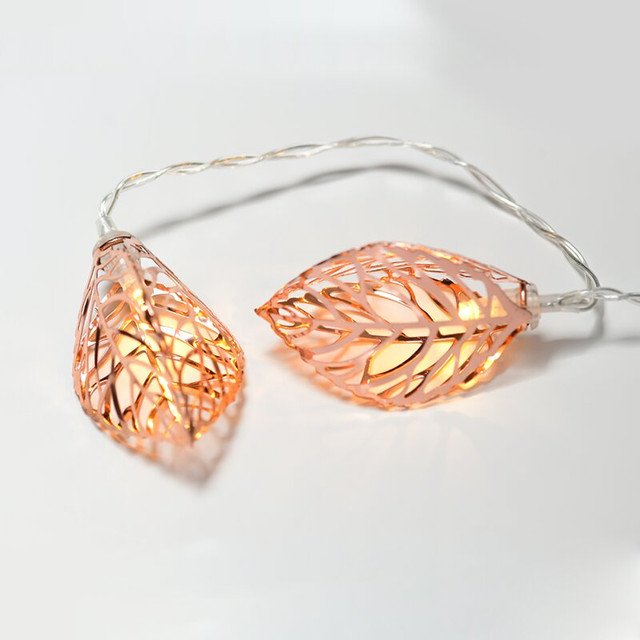 ACA Lighting "METAL LEAVES", 10 LED STRING LIGHTS WITH BATTERIES (3xAA), WARM WHITE, COPPER METAL, IP20, 135+30cm TRANSPARENT LEAD CABLE — X061011252