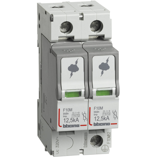BTicino SPD - 2P - Type T1+T2 - Iimp=12.5kA - Up=1.5kV - Uc=320Vac - 2 modules — F10MB2