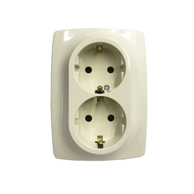 ACA Lighting PRIME SCHUKO SOCKET WITH SAFETY SHUTTER 2x2P+E 16A 250VAC IP20 IVORY — 1000116202