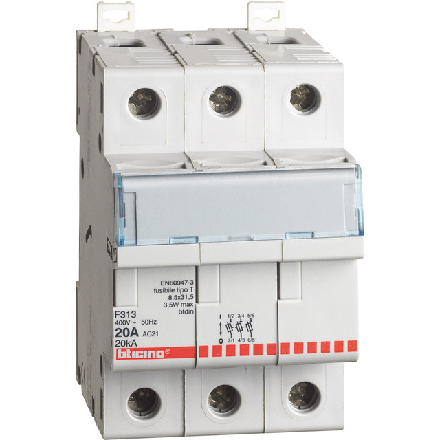 BTicino Fuse carrier 3P - 20A - 400V - fuses type T (8.5x31.5 mm) - 3 modules — F313