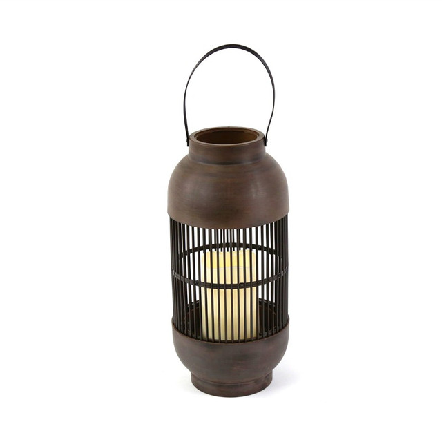 ACA Lighting "NOUGAT", ANTIQUE BROWN LANTERN - PLASTIC WHITE CANDLE, 1 LED LIGHT WITH BATTERY (3xAAA), WARM WHITE, IP44, φ14x33cm — F0711110