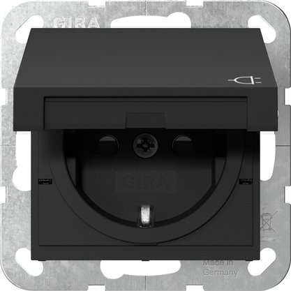 Gira SCHUKO socket outlet 16 A 250 V~ with hinged cover and increased contact protection (Safety Plus) black matt (lacquered) Screw terminals — 4754005