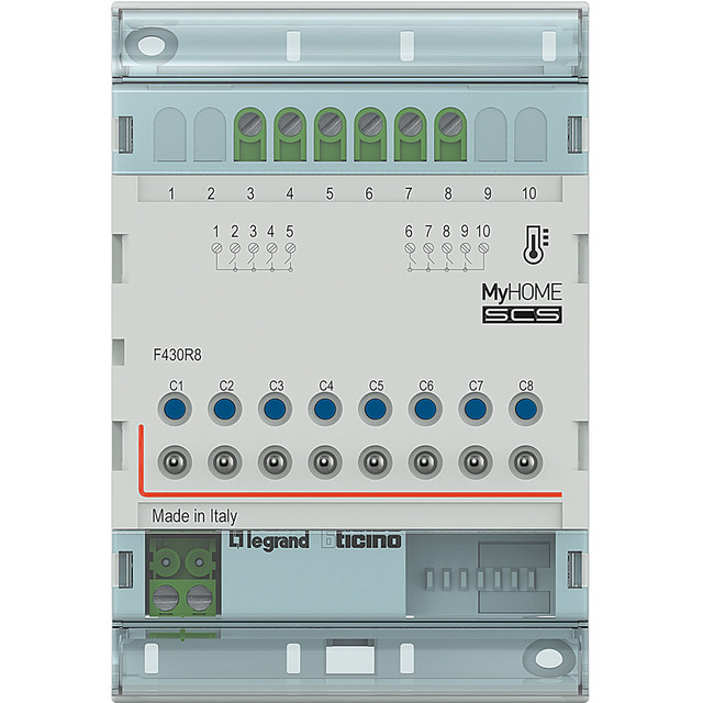 BTicino Actuator with 8 relays for on-off and motorised valves, pumps and fan coils with 2 and 4 tubes. — F430R8