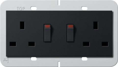 Gira British Standard double socket outlet (BS 1363-2) 13 A 250 V~ switched, with shutter Support ring 80 x 132 mm — black matt (lacquered) — 2783005