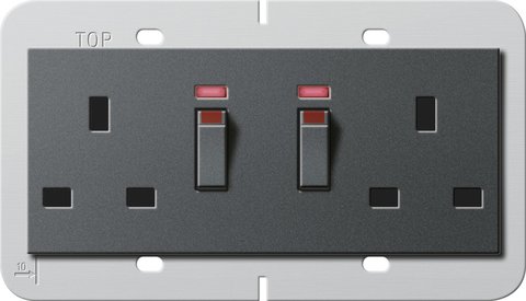 Gira British Standard double socket outlet (BS 1363-2) 13 A 250 V~ switched, with control light and shutter anthracite Support ring 80 x 132 mm — 278428
