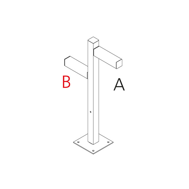 Technical diagram of Artemide Walking Palo floor post with square column, two horizontal arms labeled A and B, and base plate with mounting holes