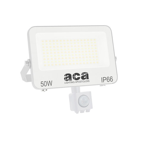 ACA Lighting LED SMD WHITE FLOOD LUMINAIRE WITH SENSOR 50W 3CCT 5000LM 185-260V RA>80 IP66 — manufacturer representative image
