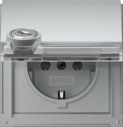 Gira SCHUKO socket outlet 16 A 250 V~ with hinged cover, inscription space and lock colour aluminium with identical lock types — 456965