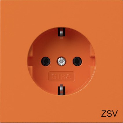 Gira SCHUKO socket outlet 16 A 250 V~ pure white glossy with orange cover and imprint "ZSV" (additional safety power supply) — 4188709
