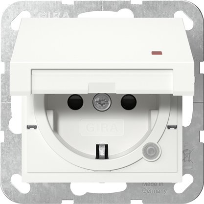 Gira SCHUKO socket outlet 16 A 250 V~ with hinged cover, orange control light and increased contact protection (Safety Plus) pure white glossy System 55 — 455203