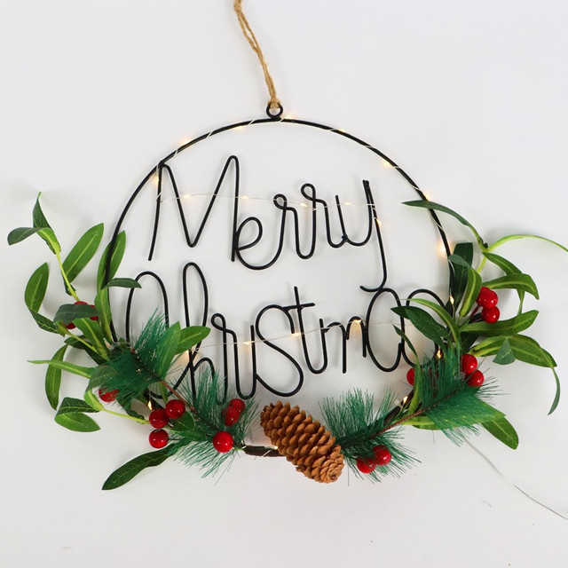 ACA Lighting "XMAS HANGING RING DECO", 30 LED, METAL+ARTIFICIAL PLANT, BATTERIES (2xCR2032), WW,IP20, 30cm — X07301664