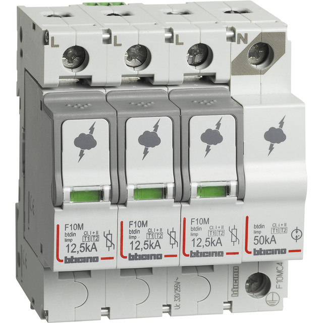 BTicino SPD - 3P+N - Type T1+T2 - Iimp=12.5kA - Up=1.5kV - Uc=320Vac - 4 modules — F10MC4
