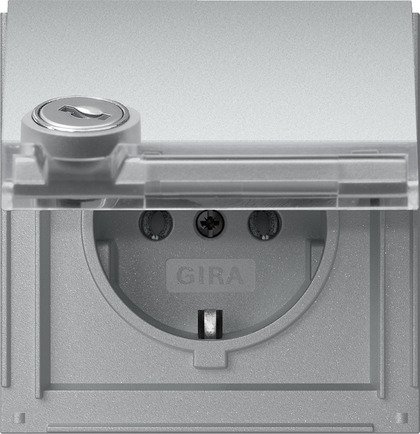 Gira SCHUKO socket outlet 16 A 250 V~ with hinged cover, inscription space and lock colour aluminium with different lock types — 446765