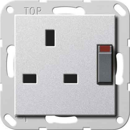 Gira British Standard socket outlet (BS 1363), 13 A 250 V~ switched, with shutter colour aluminium System 55 — 277826