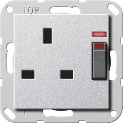 Gira British Standard socket outlet (BS 1363-2) 13 A 250 V~ switched, with control light and shutter colour aluminium System 55 — 278026