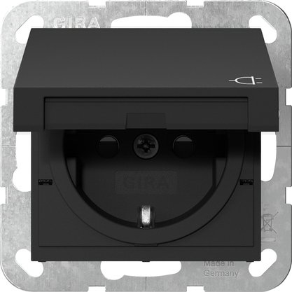 Gira SCHUKO socket outlet 16 A 250 V~ with hinged cover and increased contact protection (Safety Plus) black matt (lacquered) System 55 — 4414005