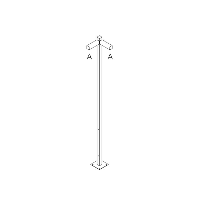 Technical diagram of Artemide Walking Palo outdoor floor lamp: tall pole on square base plate with two lateral arms labeled A