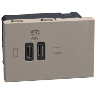 BTicino Double USB sockets - 2 x Type-C 63 W - 3 modules - stone — YG4395CC