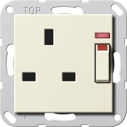 Gira British Standard socket outlet (BS 1363-2) 13 A 250 V~ switched, with control light and shutter cream white glossy System 55 — 278001