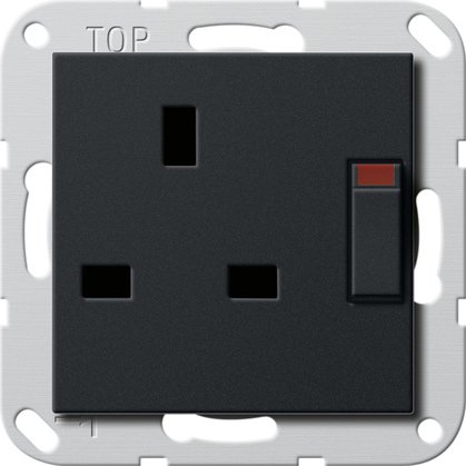 Gira British Standard socket outlet (BS 1363), 13 A 250 V~ switched, with shutter black matt (lacquered) System 55 — 2778005