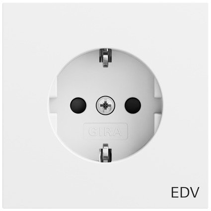 Gira SCHUKO socket outlet 16 A 250 V~ with imprint "EDV" and increased contact protection (Safety Plus) pure white matt (lacquered) — 446172