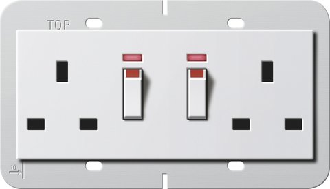 Gira British Standard double socket outlet (BS 1363-2) 13 A 250 V~ switched, with control light and shutter pure white glossy Support ring 80 x 132 mm — 278403
