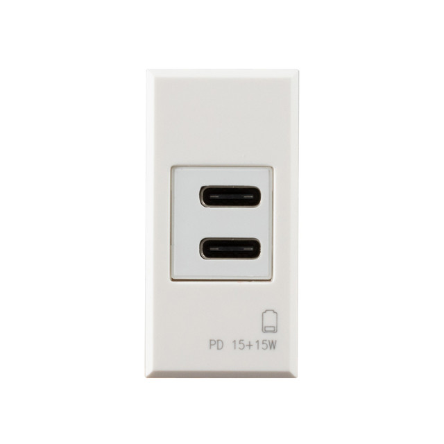 AVE USB TYPE C+C POWER SUPPLY, WHITEK S44, RAL 9010 – MATT FINISH – OUT 30 W PD IN 230V, 1 MOD. — 446082USBCC