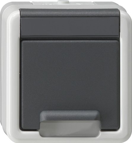 Gira SCHUKO socket outlet 16 A 250 V~ with hinged cover and increased contact protection (Safety Plus) grey WP SM — 441430