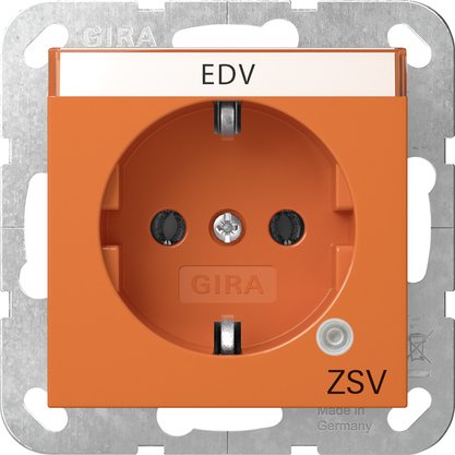 Gira SCHUKO socket outlet 16 A 250 V~ with green control light and inscription space orange glossy with orange cover and imprint "ZSV" (additional safety power supply) — 4452109