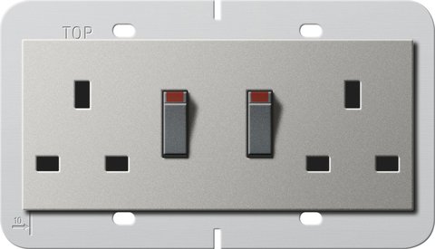 Gira British Standard double socket outlet (BS 1363-2) 13 A 250 V~ switched, with shutter Support ring 80 x 132 mm — stainless steel (lacquered) — 2783600