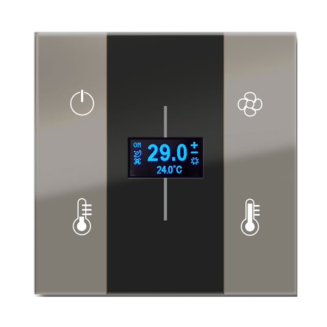 Blumotix Glass Vertical cover — Square glass thermostat, grey on black base, 4 functions — BX-F-QQGVT