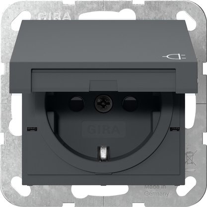 Gira SCHUKO socket outlet 16 A 250 V~ with hinged cover and increased contact protection (Safety Plus) anthracite Screw terminals — 475428