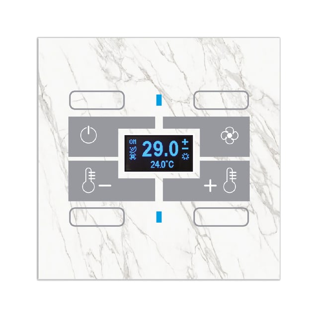 Blumotix Glass Marble cover — KNX Glass Thermostat square, marble effect, white, with 4 programmable functions — BX-F-QWMT4N