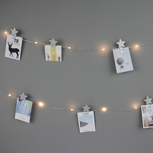 ACA Lighting "12 GLITTER STAR CLIPS", 25 LED WW SILVER COPPER WIRE STRING LIGHTS WITH BATTERIES (3xAA), IP20, 240+30cm, TRAN/NT LEAD CABLE — X05251111