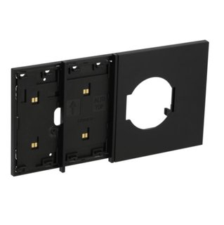 BTicino Electrified frame with Italian and German standard socket escutcheon for 4-module box. Black. — KG8104M03
