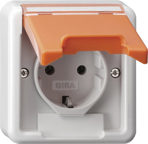 Gira SCHUKO socket outlet 16 A 250 V~ with hinged cover and inscription space (upper housing section) with orange hinged cover and inscription space — 4450359