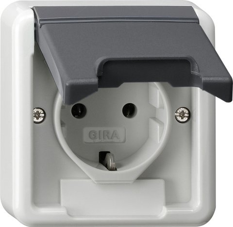 Gira SCHUKO socket outlet 16 A 250 V~ with hinged cover (upper housing section) grey WP SM — 445035