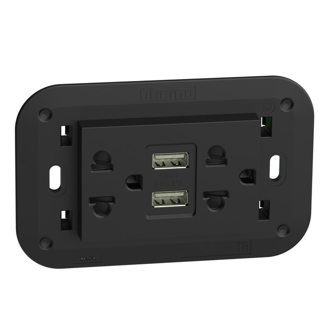 BTicino Euro american standard 2 P+E 16 A 127/250 Vac universal duplex socket - 5 Vdc type A USB charger — KG4185AA