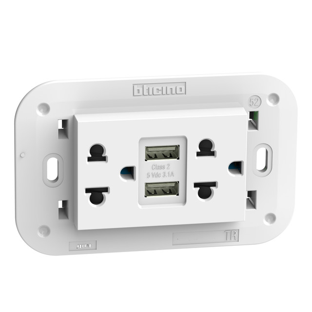 BTicino Euro american standard 2 P+E 16 A 127/250 Vac universal duplex socket - 5 Vdc type A USB charger — KW4185AA